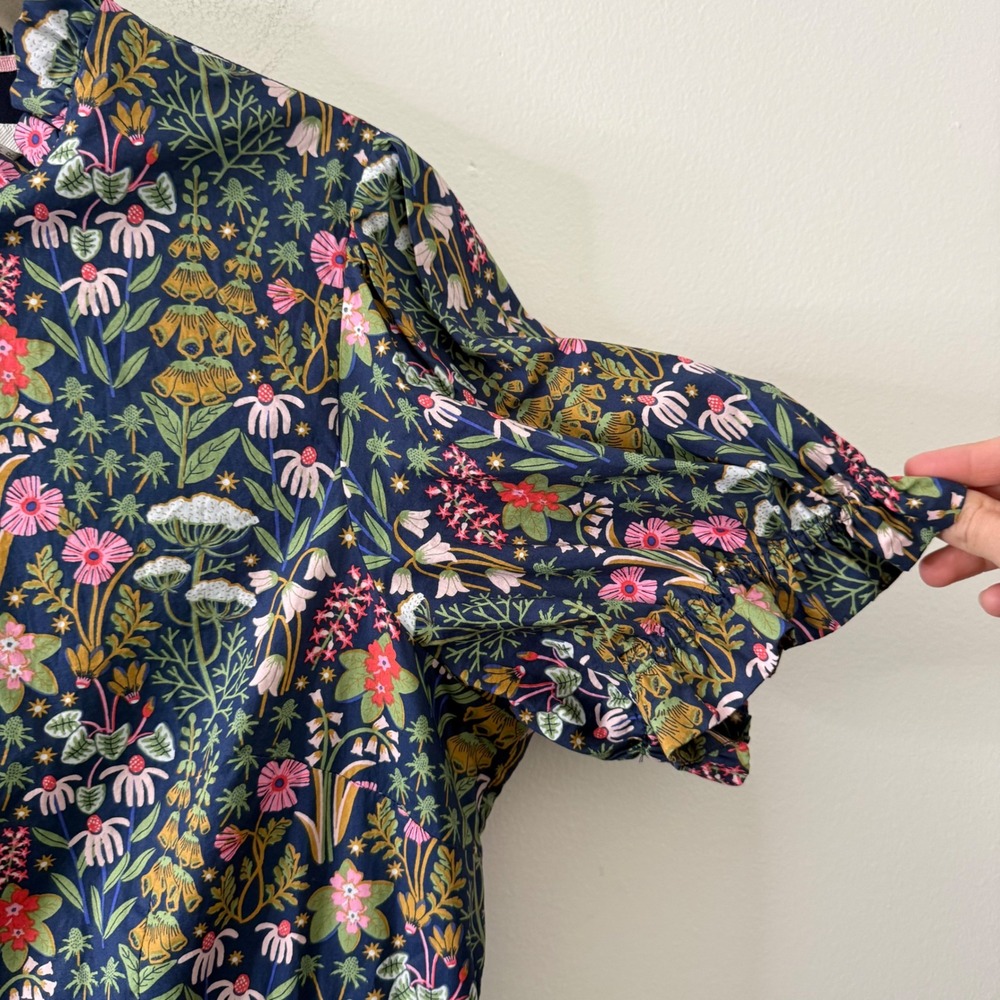 Boden Botanical Floral Tiered Midi Dress Navy Blue Ruffled Puff Sleeve US 14R - Picture 4 of 10